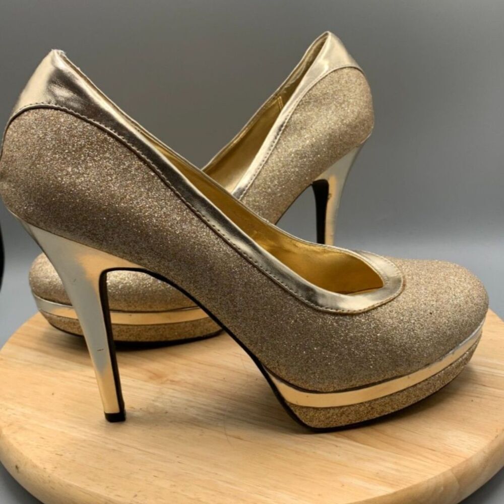 BABYPHAT BABY PHAT SIZE 10 GOLD GLITTER PLATFORM PUMP SLIP ON HEALS Y2K